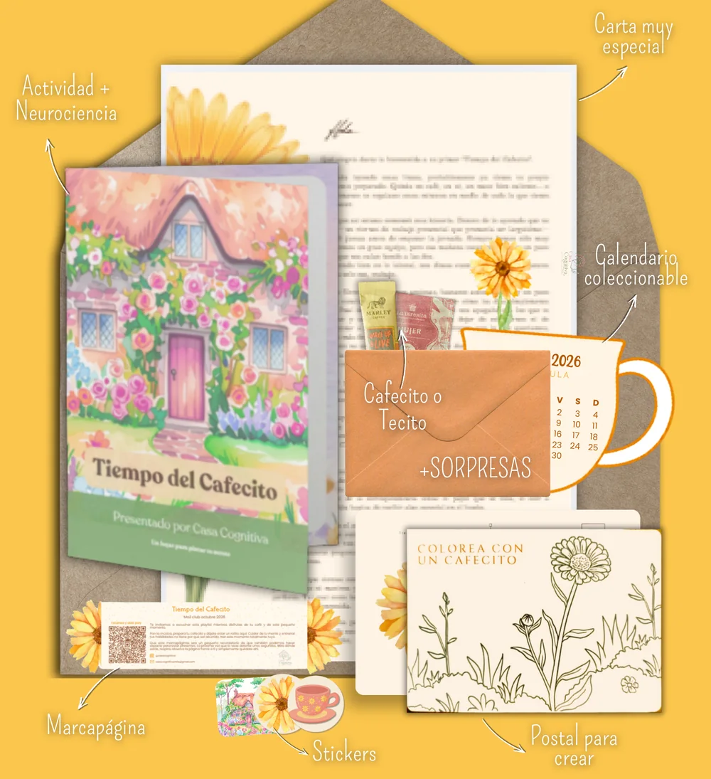 Qué contiene el sobre: carta muy especial, actividad más neurociencia, calendario coleccionable, cafecito o tecito, sorpresas, marcapáginas, stickers y postal para crear.